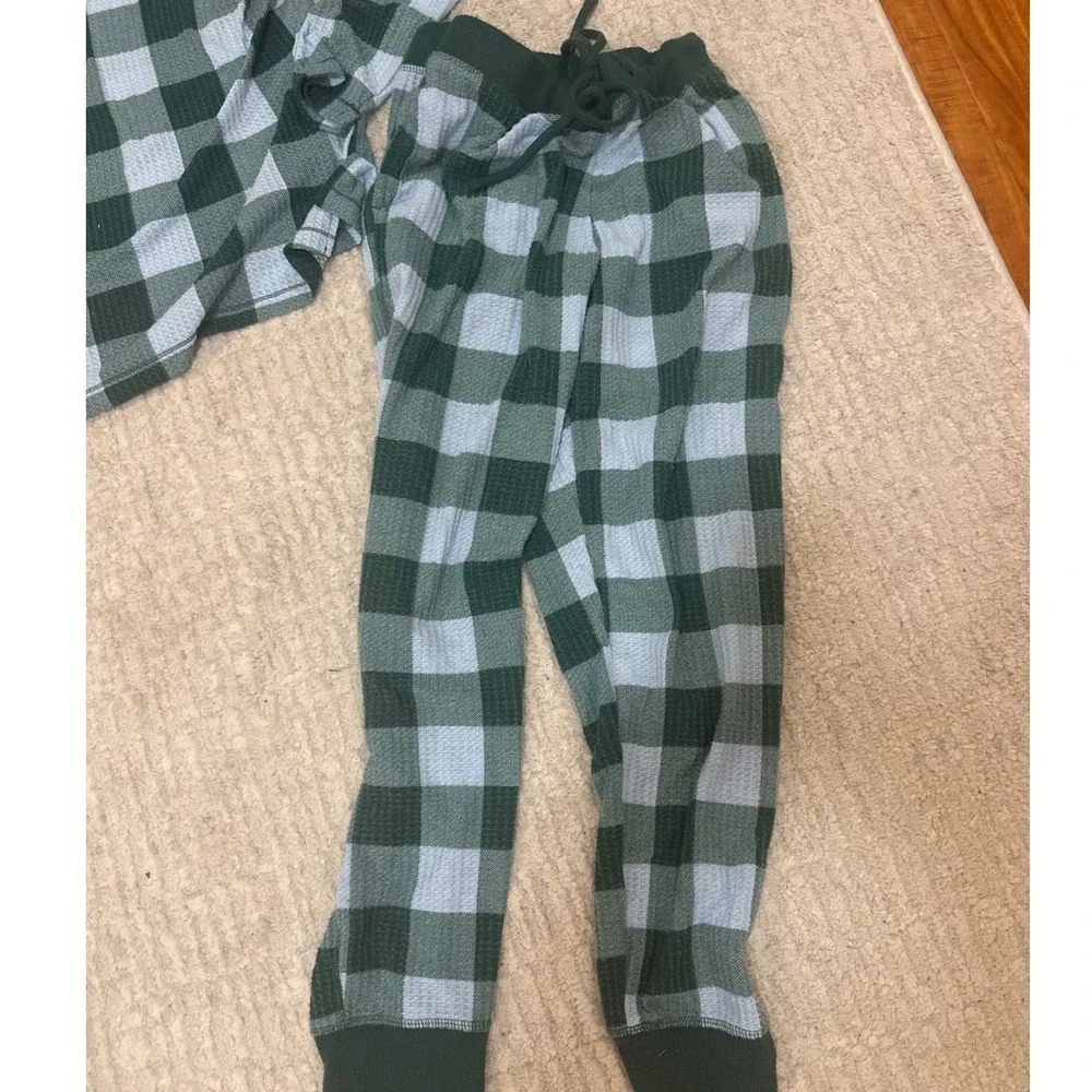 Joyspun Womens Green‎ Buffalo Plaid Waffle Knit Henley Pajama Set Joggers sz M